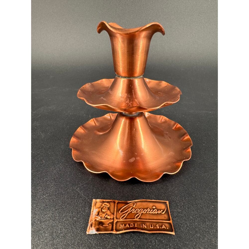 Vintage Gregorian Copper Candlestick Holder MCM Hammered Metal Fluted Tiered USA